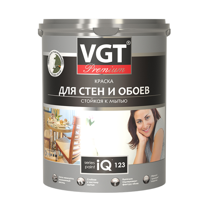 VGT PREMIUM IQ 123 Краска моющаяся для стен и обоев глубокоматовая база С под колеровку, объем 7л