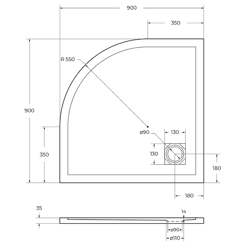 Душевой поддон из искусственного камня BelBagno Uno 90x90 TRAY-MR-UNO-R-90-550-35-W Белый схема 5