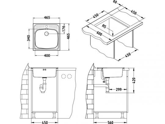 Мойка для кухни Alveus BASIC BASIC 130 1008825 46,5х46,5 см нержавеющая схема 3