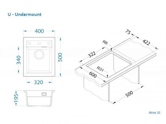 Мойка для кухни Alveus GRANITAL ATROX 10 в комплекте с сифоном 40х50 см схема 18