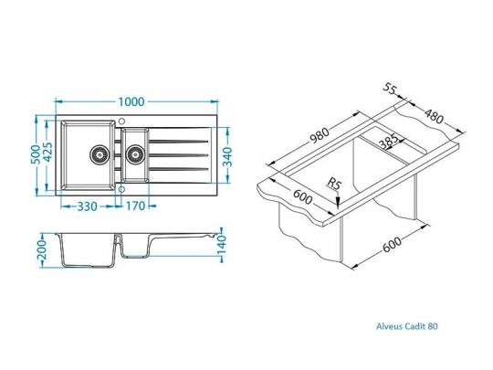 Мойка для кухни Alveus GRANITAL CADIT 80 в комплекте с сифоном 100х50 см схема 9