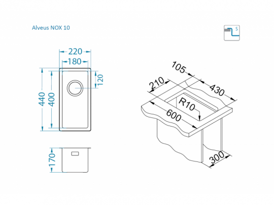 Мойка для кухни Alveus NOX 10 BRS в комплекте с интегрированным сифоном 22х44х17 см схема 3