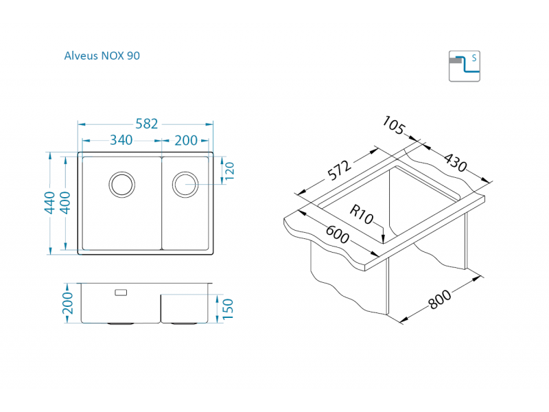 Мойка для кухни Alveus NOX 90R BRS правая в комплекте с интегрированным сифоном 58,2х44х20 см ФОТО