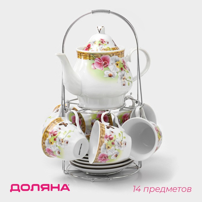 Набор чайный керамический на металлической подставке Доляна «Садовый дворик», 13 предметов: 6 чашек 200 мл, 6 блюдец d=14,1 см, чайник 1 л ?