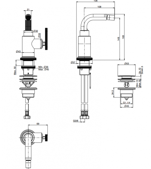 Однорычажный смеситель Fima - Carlo Frattini Park Lane на горизонтальную поверхность для биде F1322 схема 2