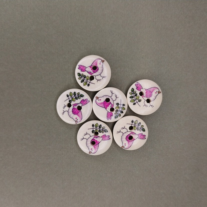 Пуговицы Птичка дерево 15 мм 2 прокола 6 штук в уп. (Resin DHS-15)