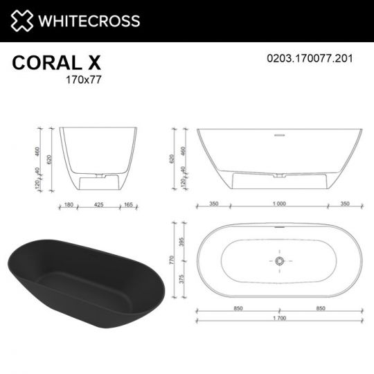 Отдельностоящая ванна из искусственного камня WHITECROSS Coral X 170x77 0203.170077 схема 24