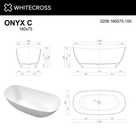 Овальная ванна WHITECROSS Onyx C 160x75 0206.160075 схема 10