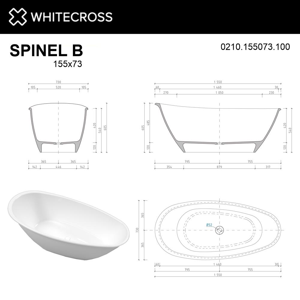 Овальная ванна WHITECROSS Spinel B 155x73 0210.155073 из камня схема 6