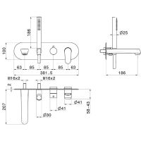 Смеситель для ванны Newform Nio 68972E встраиваемый с изливом и ручным душем внешняя часть схема 2