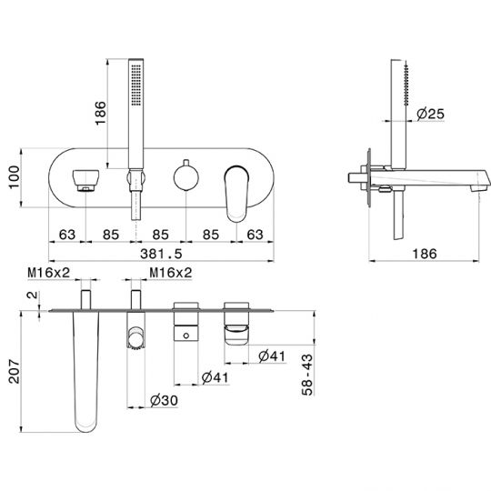 Смеситель для ванны Newform Nio 68972E встраиваемый с изливом и ручным душем внешняя часть схема 2