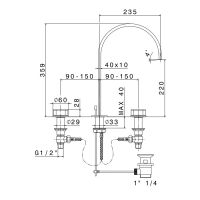 Смеситель для ванны Newform ParkLE 69700 высокий 3 отверстия с донным клапаном схема 2