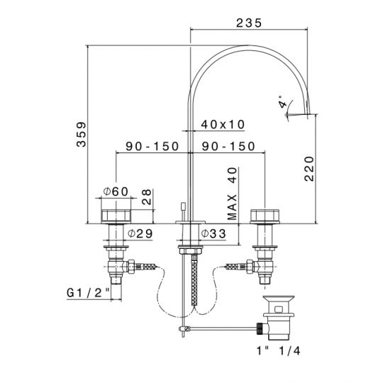 Смеситель для ванны Newform ParkLE 69700 высокий 3 отверстия с донным клапаном схема 2