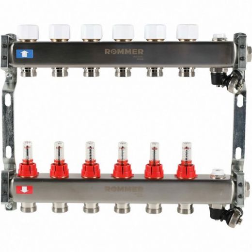 Коллектор из нержавеющей стали с расходомерами, с клапаном выпуска воздуха и сливом 6 выходов ROMMER