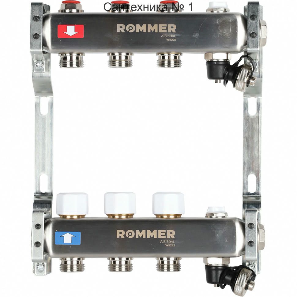 Коллектор из нержавеющей стали без расходомеров, с клапаном выпуска воздуха и сливом 3 выхода ROMMER