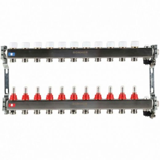 Коллектор из нержавеющей стали с расходомерами, с клапаном выпуска воздуха и сливом 11 выходов ROMMER