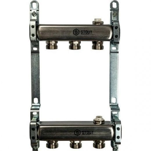 Коллекторная группа из нержавеющей стали для радиаторной разводки без расходомеров на 3 выхода STOUT