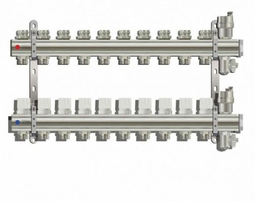 Коллекторная группа из латуни без расходомеров 1" на 10 выходов 3/4" с клапанами и воздухоотводчиками TIM