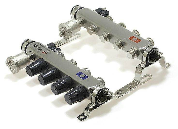 Коллекторная группа из нержавеющей стали без расходомеров 1" на 4 выхода 3/4" с клапанами и воздухоотводчиками TIM