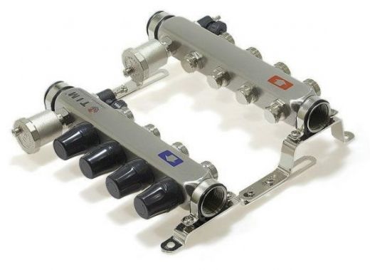 Коллекторная группа из нержавеющей стали без расходомеров 1" на 4 выхода 3/4" с клапанами и воздухоотводчиками TIM