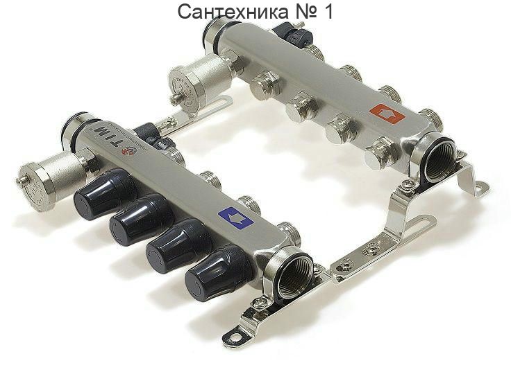 Коллекторная группа из нержавеющей стали без расходомеров 1" на 4 выхода 3/4" с клапанами и воздухоотводчиками TIM