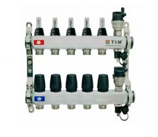 Коллекторная группа из нержавеющей стали с расходомерами 1" на 10 выходов с клапанами и воздухоотводчиками TIM