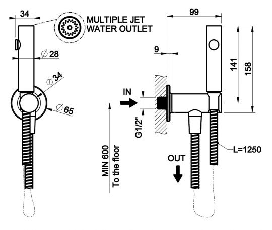 Гигиенический душ Gessi Inciso Total Look без смесителя 58153707 black metal brushed схема 2