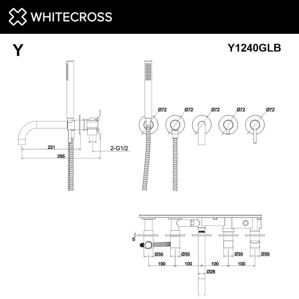 Смеситель для ванны скрытого монтажа WHITECROSS Y Y1240GLB золото схема 3