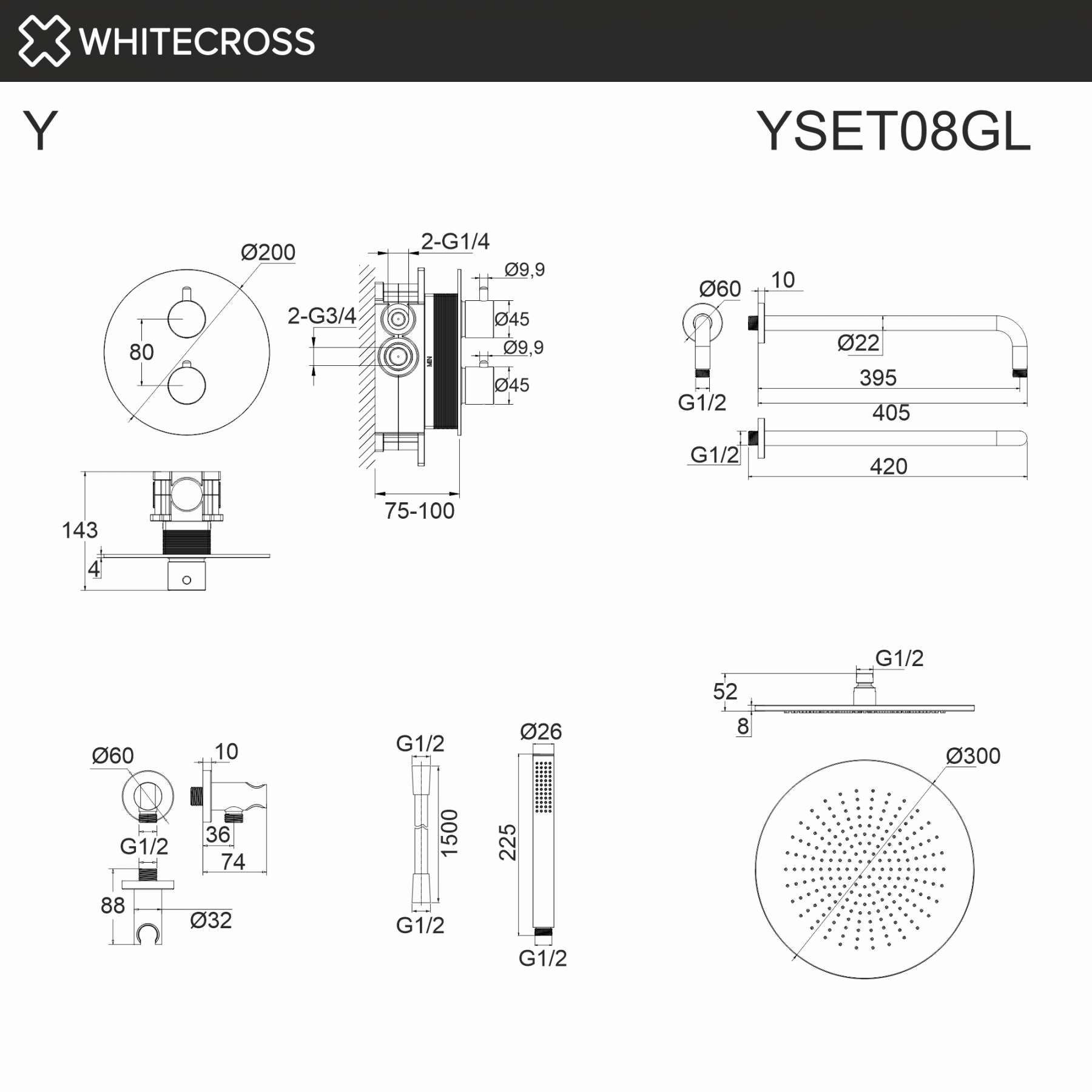 Термостатическая встраиваемая душевая система WHITECROSS Y YSET08GL золото схема 3