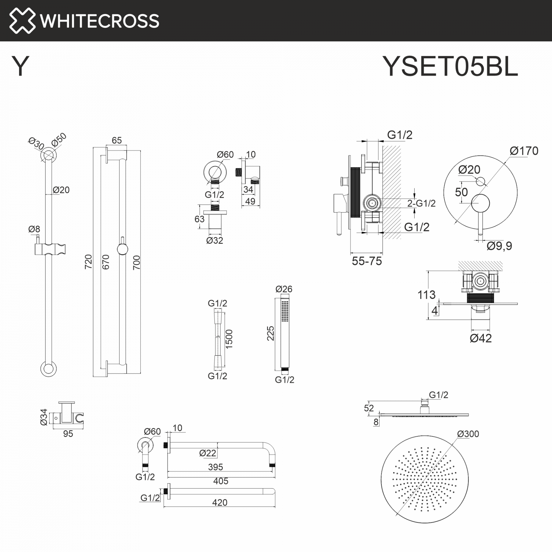 Душевая система скрытого монтажа WHITECROSS Y YSET05BL черный матовый схема 3