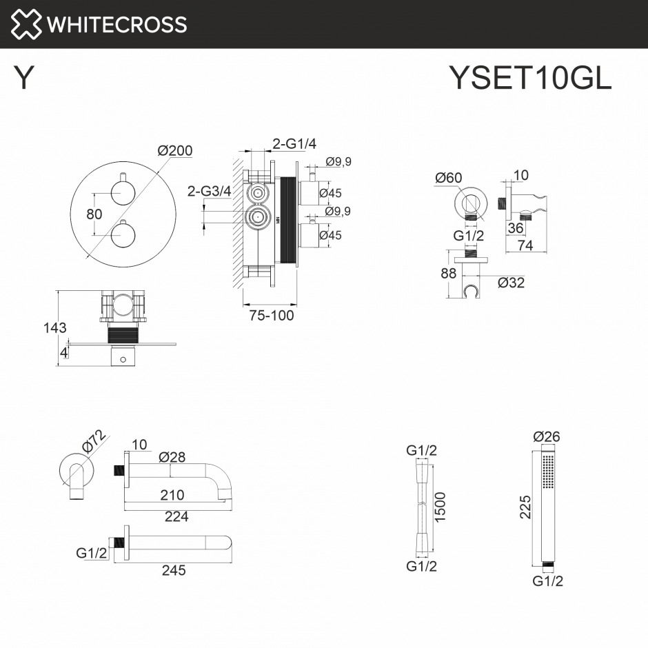 Термостатическая душевая система с изливом скрытого монтажа WHITECROSS Y YSET10GL золото ФОТО