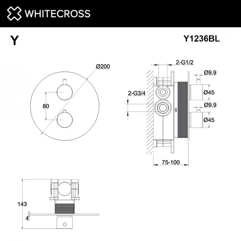 Смеситель термостатический для душа скрытого монтажа WHITECROSS Y Y1236BL черный ФОТО