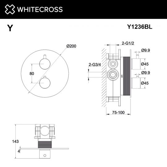 Смеситель термостатический для душа скрытого монтажа WHITECROSS Y Y1236BL черный ФОТО