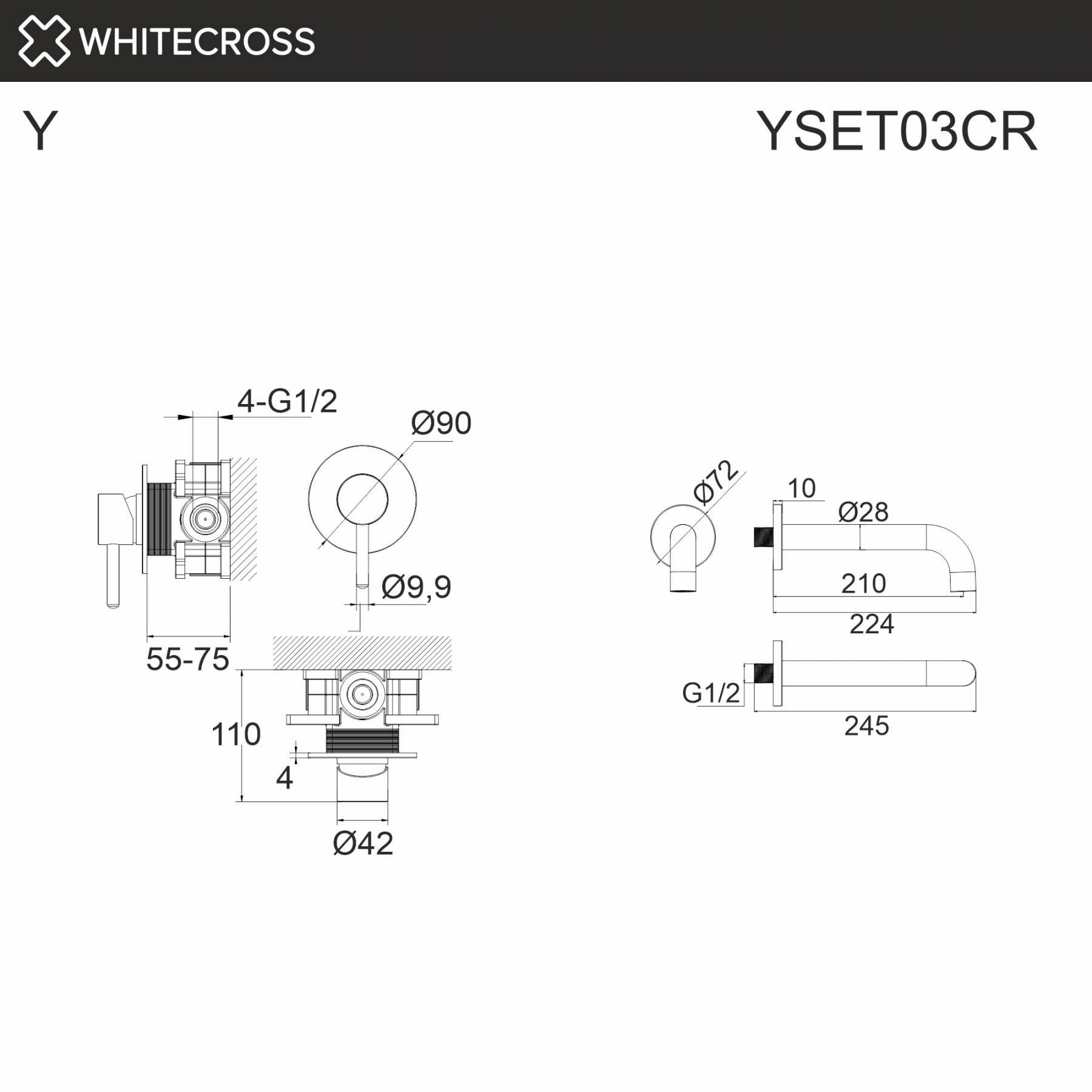 Душевая система с изливом скрытого монтажа WHITECROSS Y YSET03CR хром схема 3