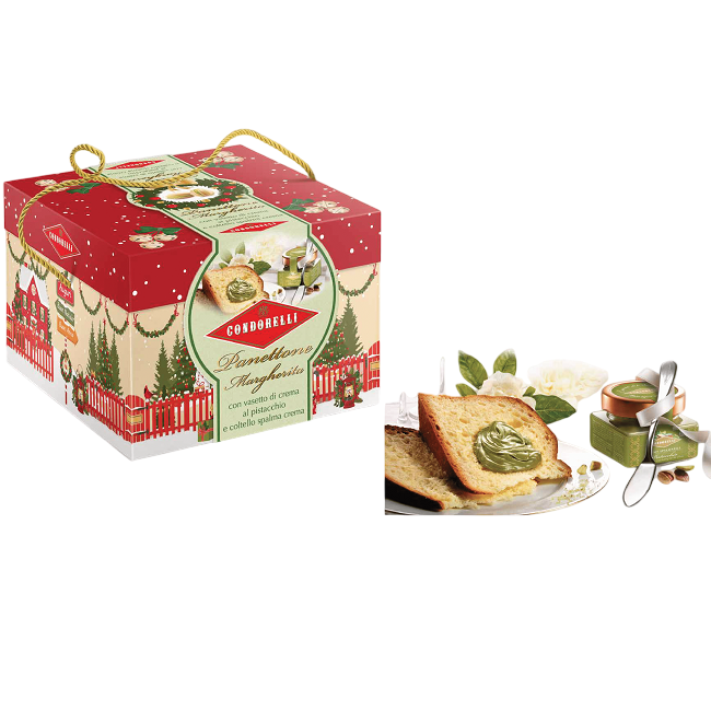 Панеттоне Маргарита с фисташковым кремом в банке, Condorelli, 900 г, Panettone Margherita con vasetto crema al pistachio e coltello spalma crema 900 g