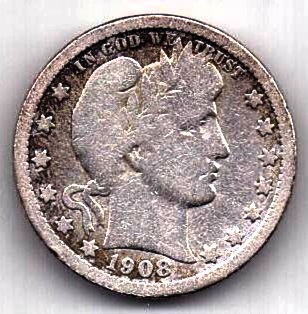 1/4 доллара 1908 США О Орлеан Редкость XF