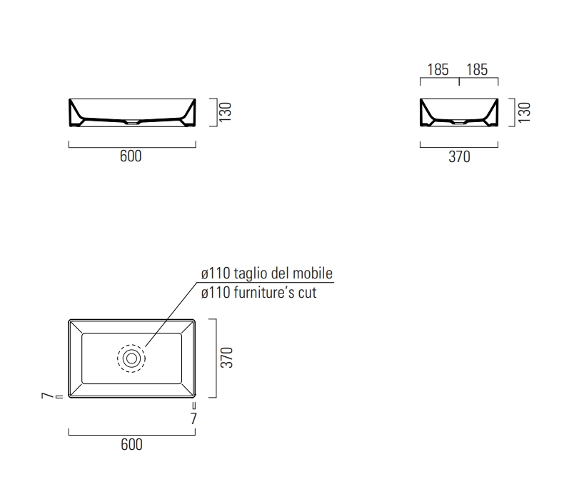 Раковина накладная GSI KUBE X 945304 370 мм х 600 мм, без перелива, цвет Agave Matte схема 4