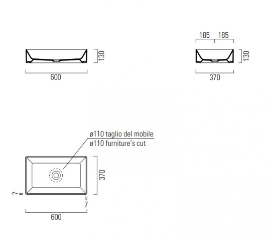 Раковина накладная прямоугольная GSI KUBE X 945315 370 мм х 600 мм, без перелива, цвет Ghiaccio Matte ФОТО