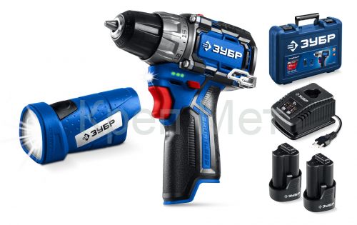 ЗУБР КОМПАКТ #4, набор: дрель-шуруповерт + LED фонарь, BRUSHLESS, 12 В, 45 Н·м, 2 АКБ тип Т7 (2 А·ч), кейс, Профессионал (DB-121-22F)
