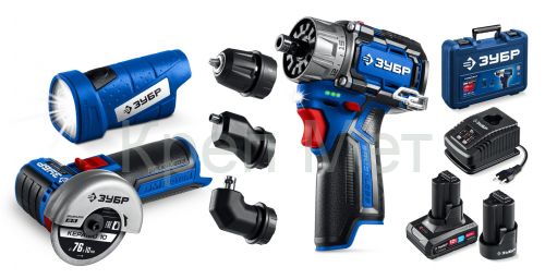 ЗУБР КОМБИ #5 набор: дрель-шуруповерт + мини УШМ + LED фонарь, BRUSHLESS, 12 В, 45 Н·м, 2 АКБ тип Т7 (4 и 2 А·ч), кейс, Профессионал (DB-125-42ABF)