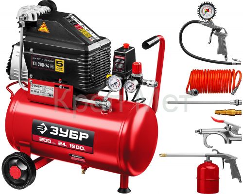 ЗУБР 200 л/мин, 24 л, 1500 Вт, 6 предметов, безмасляный компрессор (КП-200-24 Н6)