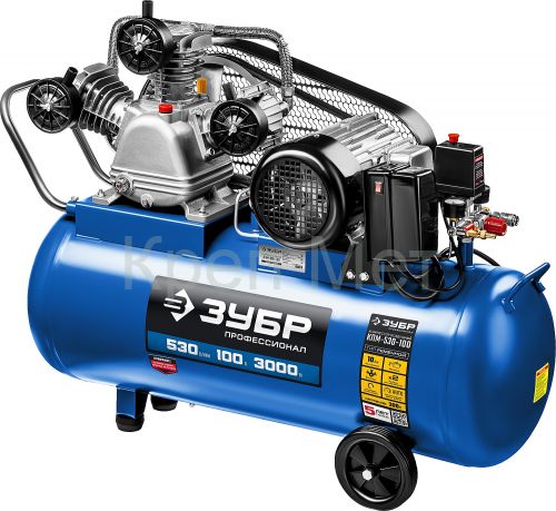 ЗУБР 530 л/мин, 100 л, 3000 Вт, ременной масляный компрессор, Профессионал (КПМ-530-100)