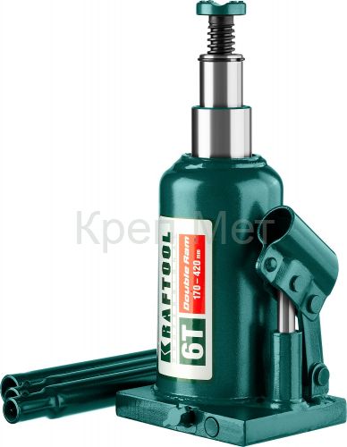 KRAFTOOL DOUBLE RAM, 6 т, 170 - 420 мм, с увеличенным подъемом, двухштоковый бутылочный домкрат (43463-6)