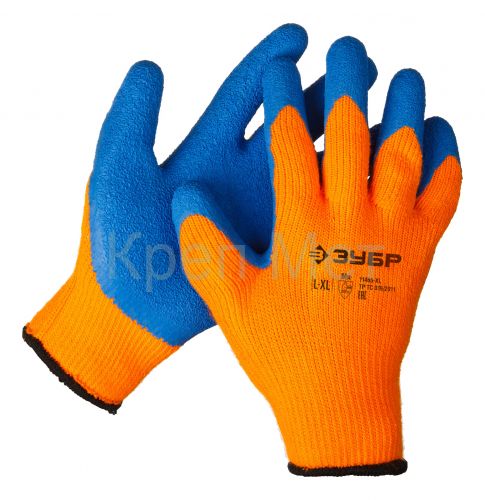 ЗУБР УРАЛ, L-XL, акриловые перчатки сигнального цвета, рельефное латексное покрытие, утеплённые, 10 класс, Профессионал (11465-XL)