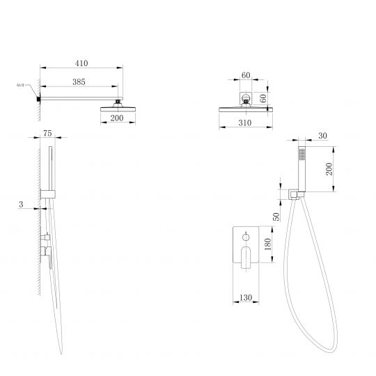 Душевая система ABBER Weiss Insel AF8018FW скрытого монтажа без излива, белый матовый схема 2