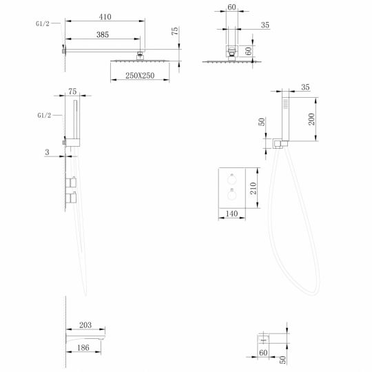 Душевая система ABBER Weiss Insel AF8050 скрытого монтажа с изливом, термостат, хром схема 2 Душевая система ABBER Weiss Insel AF8050 скрытого монтажа с изливом, термостат, хром схема 2