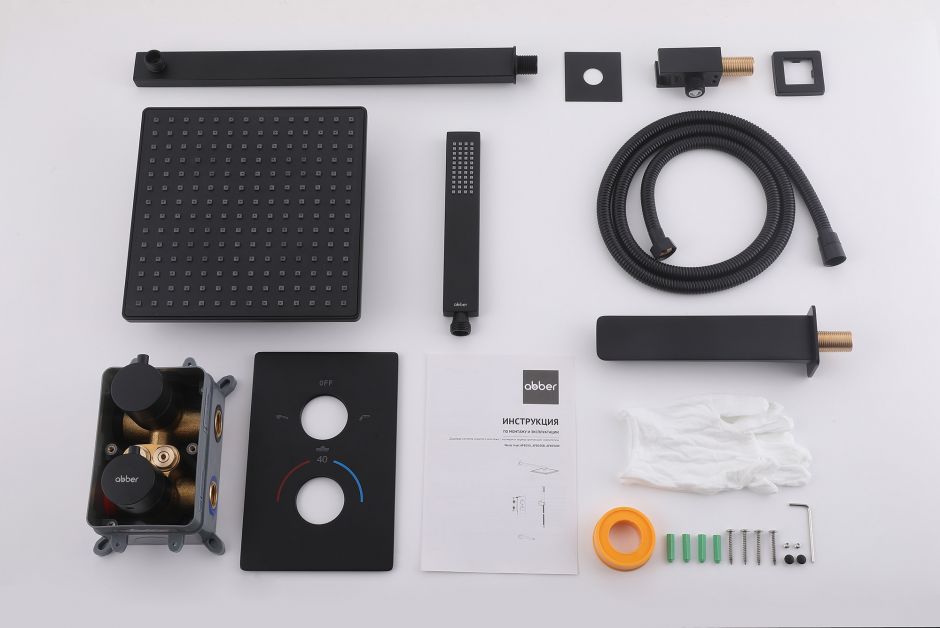 Душевая система ABBER Weiss Insel AF8050B скрытого монтажа с изливом, термостат, черная матовая ФОТО