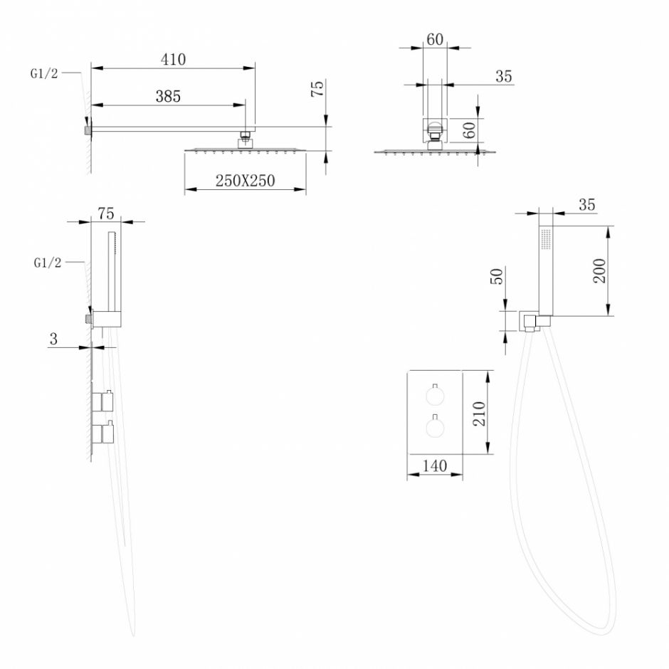 Душевая система ABBER Weiss Insel AF8051B скрытого монтажа без излива, термостат, черный матовый ФОТО