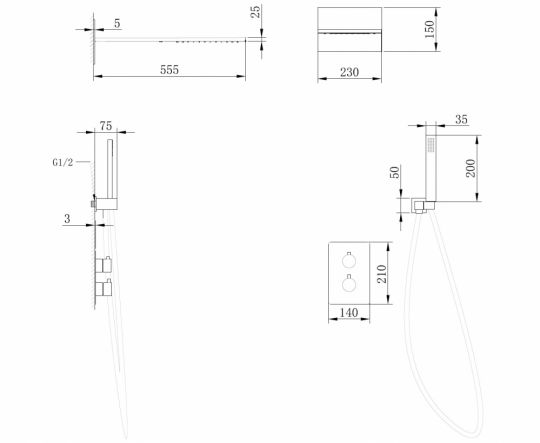 Душевая система ABBER Weiss Insel AF8052B скрытого монтажа без излива, термостат, черная матовая схема 2