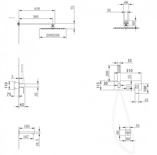 Душевая система ABBER Daheim AF8217NG скрытого монтажа с изливом, никель схема 2